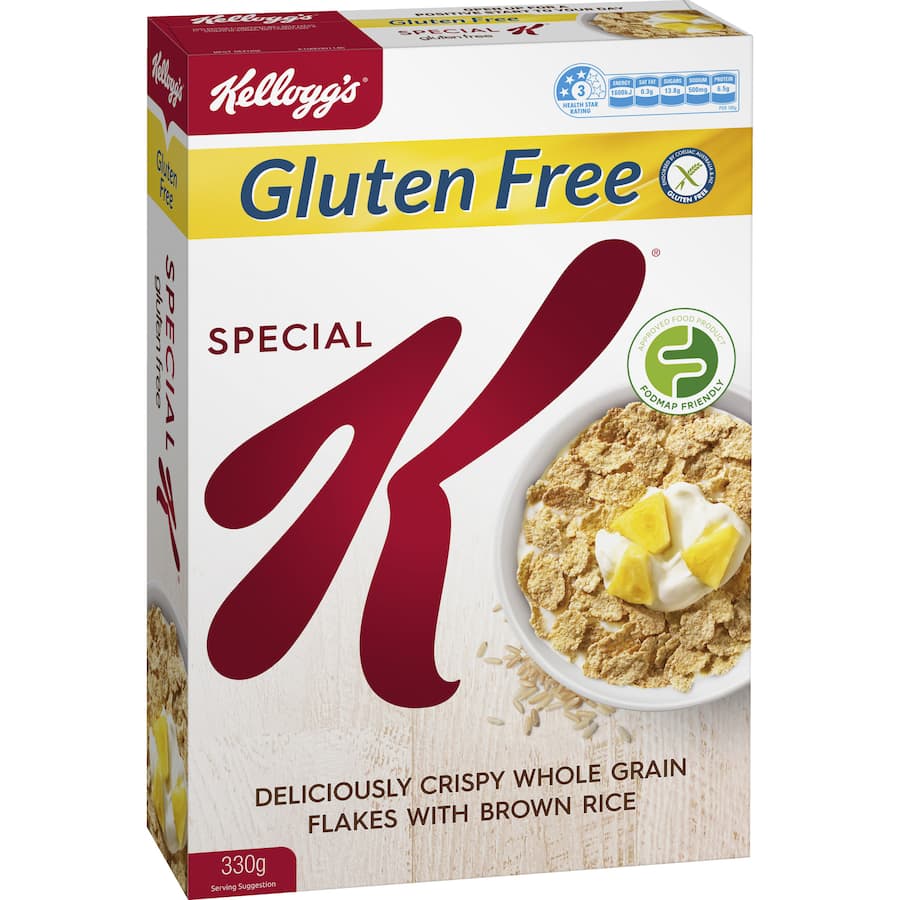 Kellogg's Special K Gluten Free cereal features crispy whole grain brown rice flakes, perfect for a nutritious breakfast.