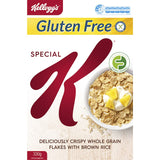 Kellogg's Special K Gluten Free cereal features crispy brown rice flakes, rich in essential vitamins for a nutritious breakfast.