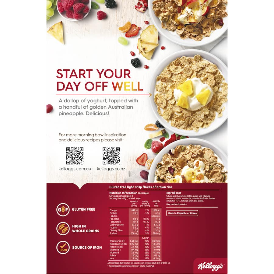 Kellogg's Special K Gluten Free cereal features crispy whole grain rice flakes, packed with vitamins for a nutritious breakfast.