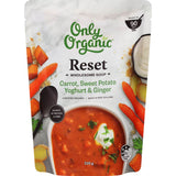 Bowl of Only Organic Reset Soup featuring vibrant carrots, sweet potatoes, and ginger, promoting health and comfort.