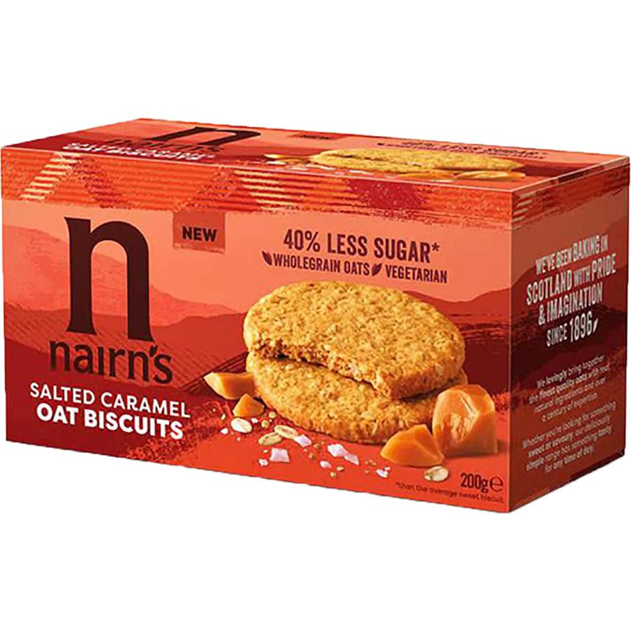 Nairn's Oat Biscuits Salted Caramel, featuring crunchy wholegrain oats and rich salted caramel flavor for a guilt-free treat.