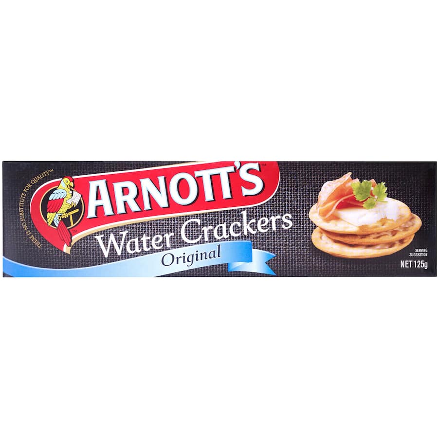 Plain slim Arnotts Crackers Water Original, perfect for entertaining or enjoying with dips and toppings.