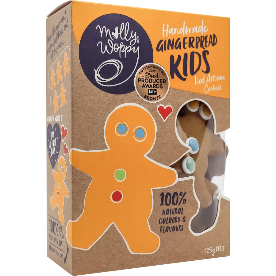 Adorable iced gingerbread cookies, 100% natural, perfect holiday treat for kids, free from artificial flavors and preservatives.