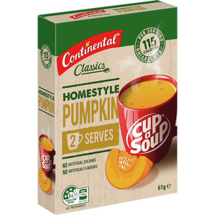 Homestyle Pumpkin soup featuring sustainably grown pumpkins, all-natural ingredients, and a 3.5 Health Star Rating.