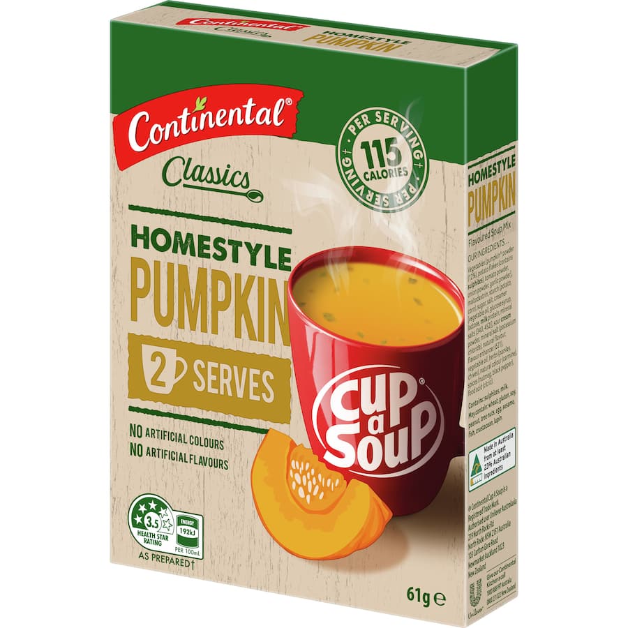 Continental Soup Homestyle Pumpkin, a comforting, all-natural soup made from sustainably grown pumpkins, just add boiling water.