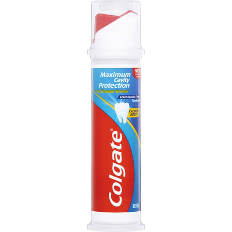 Colgate Cavity Protection Toothpaste in a pump, offering 4x stronger enamel protection with a refreshing regular flavour.