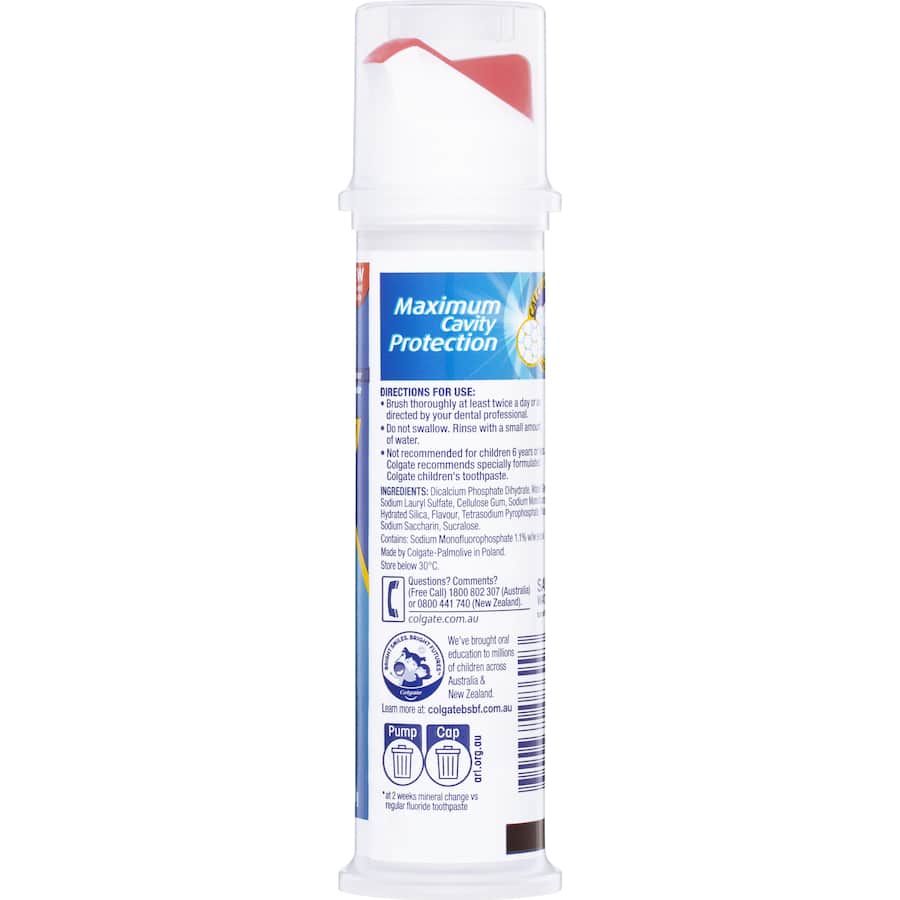 Colgate Cavity Protection Toothpaste pump for stronger enamel and fresh taste, clinically proven to prevent cavities for the whole family.