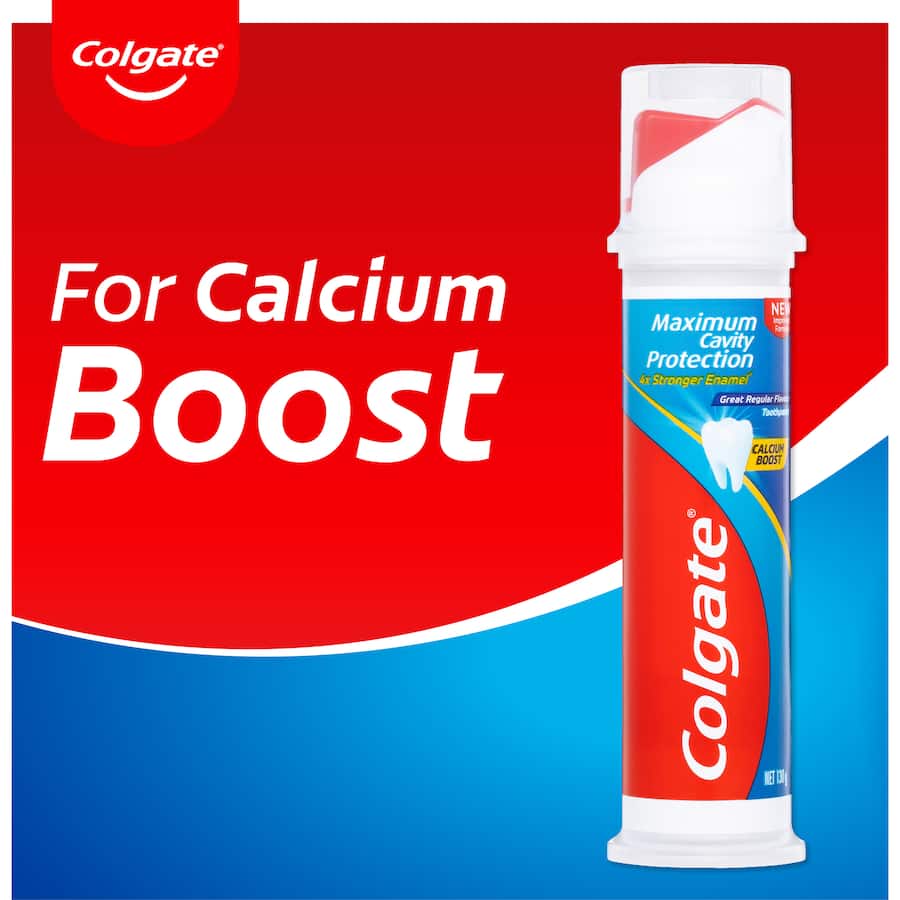 Colgate Cavity Protection Toothpaste pump, providing 4x stronger enamel protection with a great regular flavor for the whole family.
