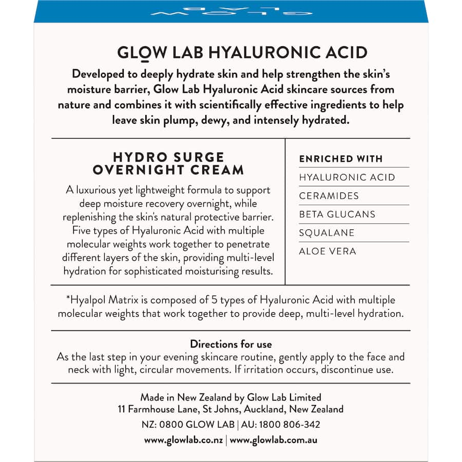 Luxurious overnight cream with 5 types of Hyaluronic Acid for deep hydration and skin rejuvenation.