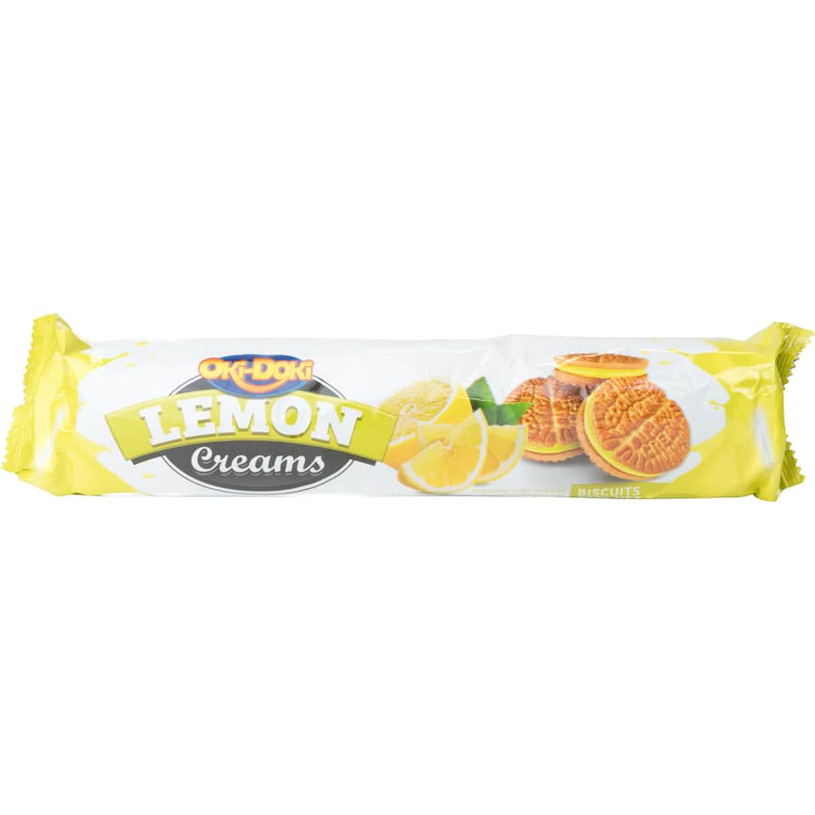 Crispy Oki Doki lemon cream biscuits with smooth filling, perfect for sharing or enjoying with tea.