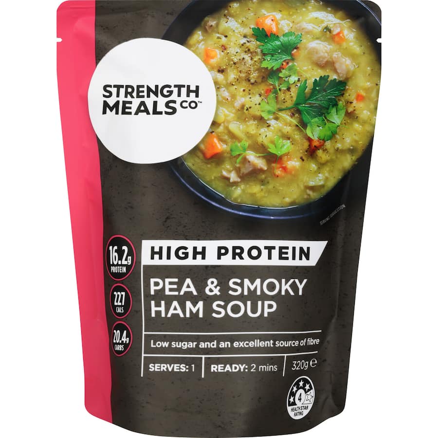 Delicious, high-protein Smoky Pea & Ham soup from Strength Meals Co, perfect for a nutritious and comforting meal.