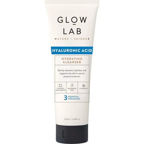 Fragrance-free Glow Lab Facial Cleanser with Hyaluronic Acid, gently cleansing while hydrating and supporting the skin's moisture barrier.