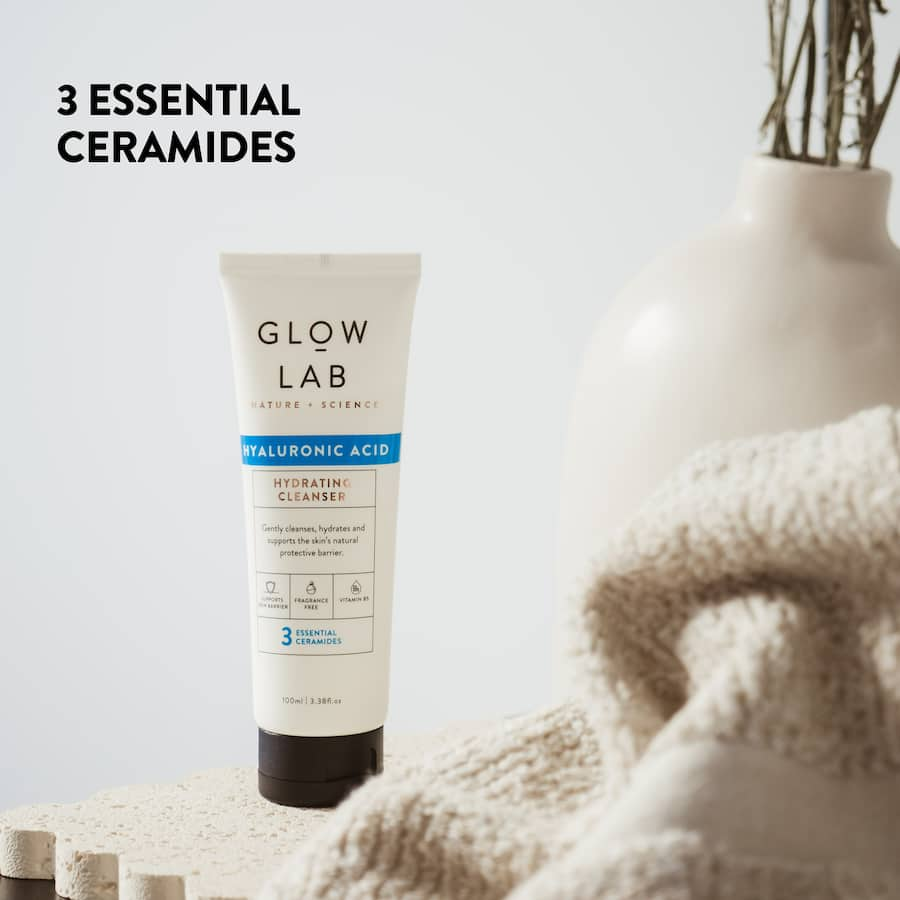 Hydrating cream cleanser with Hyaluronic Acid, Ceramides, and Glycerin for radiant, clean, and moisturized skin.