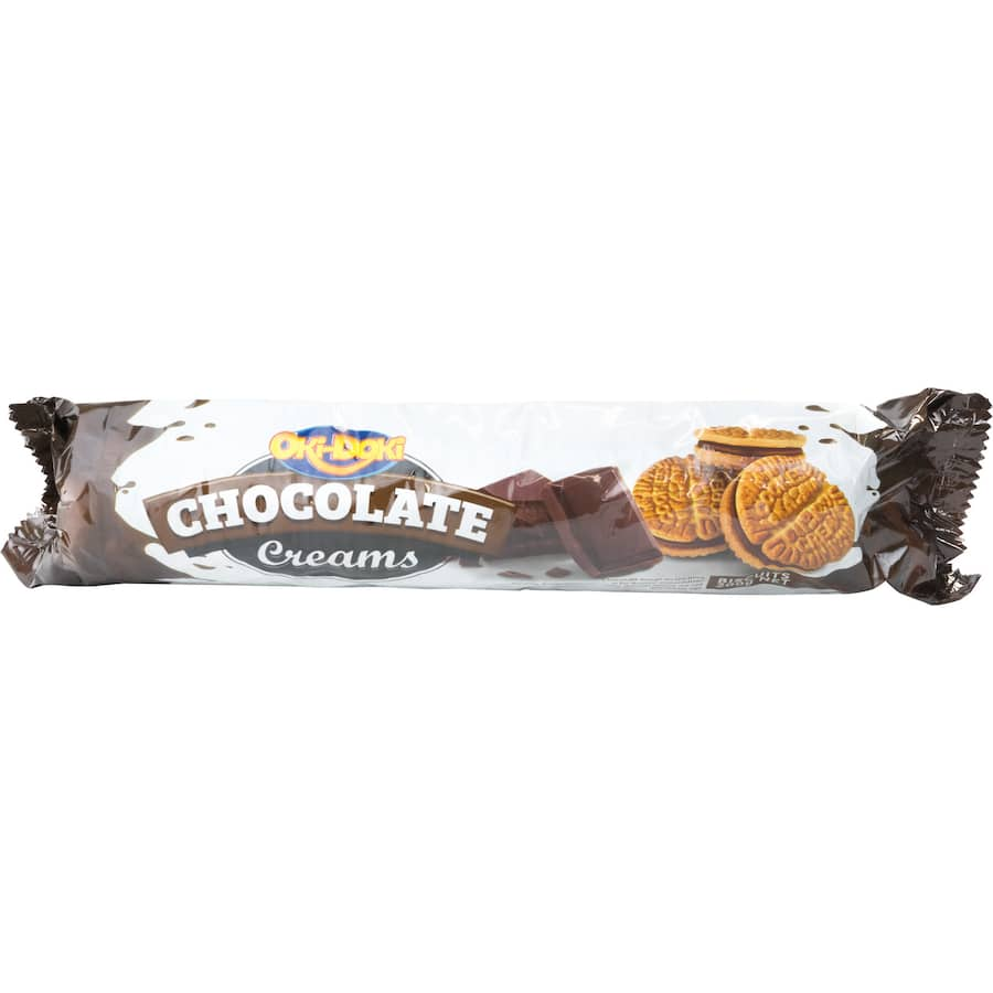 Oki Doki Cream Biscuits Chocolate: Crisp biscuits with smooth chocolate cream, perfect for snacking and sharing.