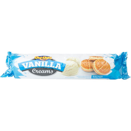 Oki Doki Cream Biscuits Vanilla with rich vanilla filling between crispy biscuits, perfect for tea or coffee breaks.