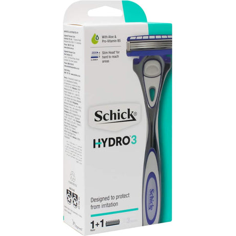 Schick Hydro 3 Razor blades with hydrating gel for a smooth, comfortable shave and reduced skin irritation.