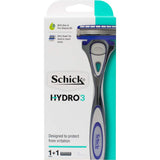 Schick Hydro 3 Razor blade refill with hydrating gel, redesigned guard bar, and irritation-reducing features.