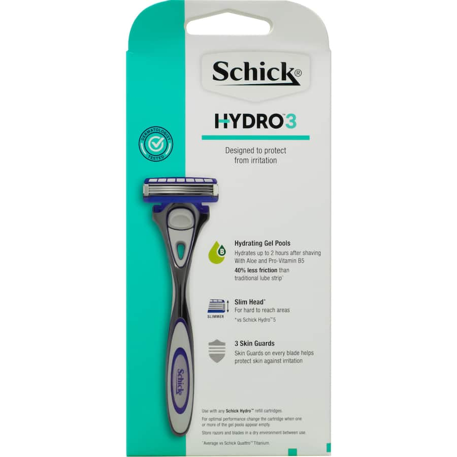 Schick Hydro 3 Razor blade refill with hydrating gel reservoir for a close, comfortable shave and reduced irritation.