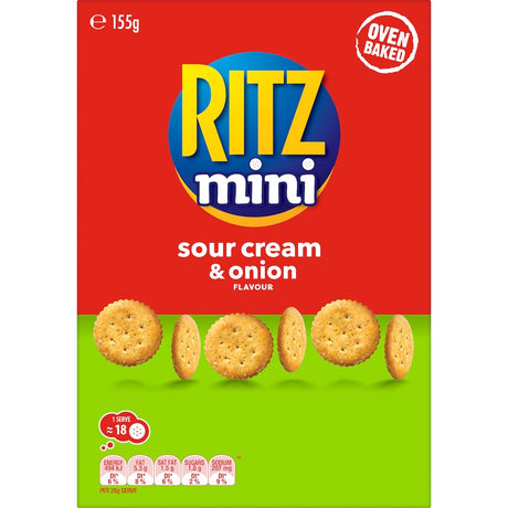 RITZ Mini Crackers Sour Cream and Onion in a share box, featuring crispy texture and bold sour cream and onion flavor.