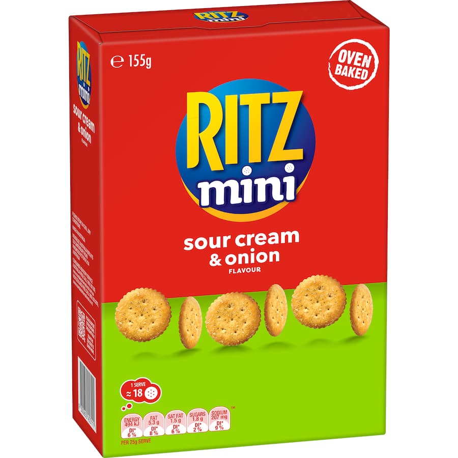 RITZ Mini Crackers Sour Cream and Onion in a share box, featuring a flaky texture and bold flavor, perfect for snacking.