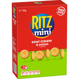 RITZ Mini Crackers Sour Cream and Onion in a share box, featuring a flaky texture and bold flavor, perfect for snacking.