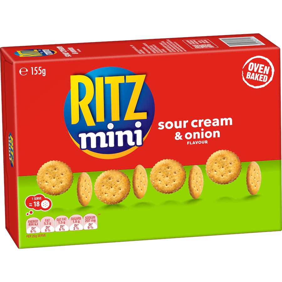 RITZ Mini Crackers Sour Cream and Onion in a share box, featuring a buttery texture and bold flavor, perfect for snacking.