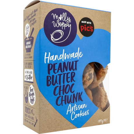 Molly Woppy Peanut Butter Choc Chunk cookies featuring rich peanut butter and chocolate chunks for a delightful snack experience.