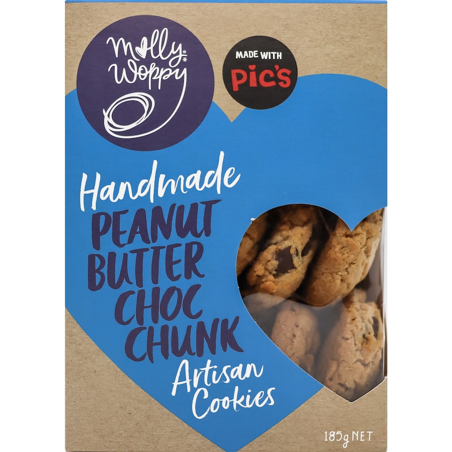 Molly Woppy Peanut Butter Choc Chunk cookies, packed with creamy peanut butter and decadent chocolate chunks, perfect for snacking.