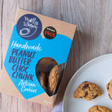 Molly Woppy Peanut Butter Choc Chunk cookies showcasing chocolate chunks and creamy peanut butter, perfect for snacking and sharing.