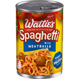 A tin of Wattie's Spaghetti With Meatballs featuring tasty lamb and beef meatballs in rich tomato sauce, 97% fat-free.