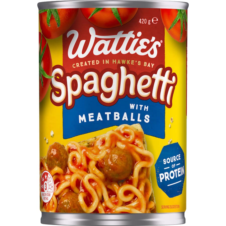 A tin of Wattie's Spaghetti With Meatballs featuring tender lamb and beef meatballs in rich tomato sauce, 97% fat-free.