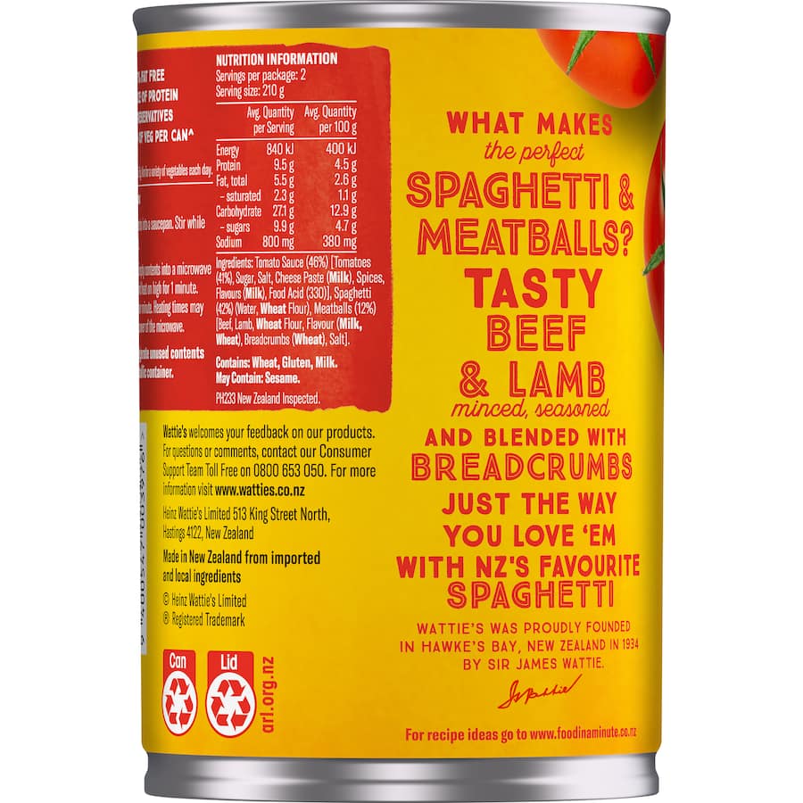 A can of Wattie's Spaghetti With Meatballs featuring lamb and beef meatballs in rich tomato sauce, perfect for quick meals.