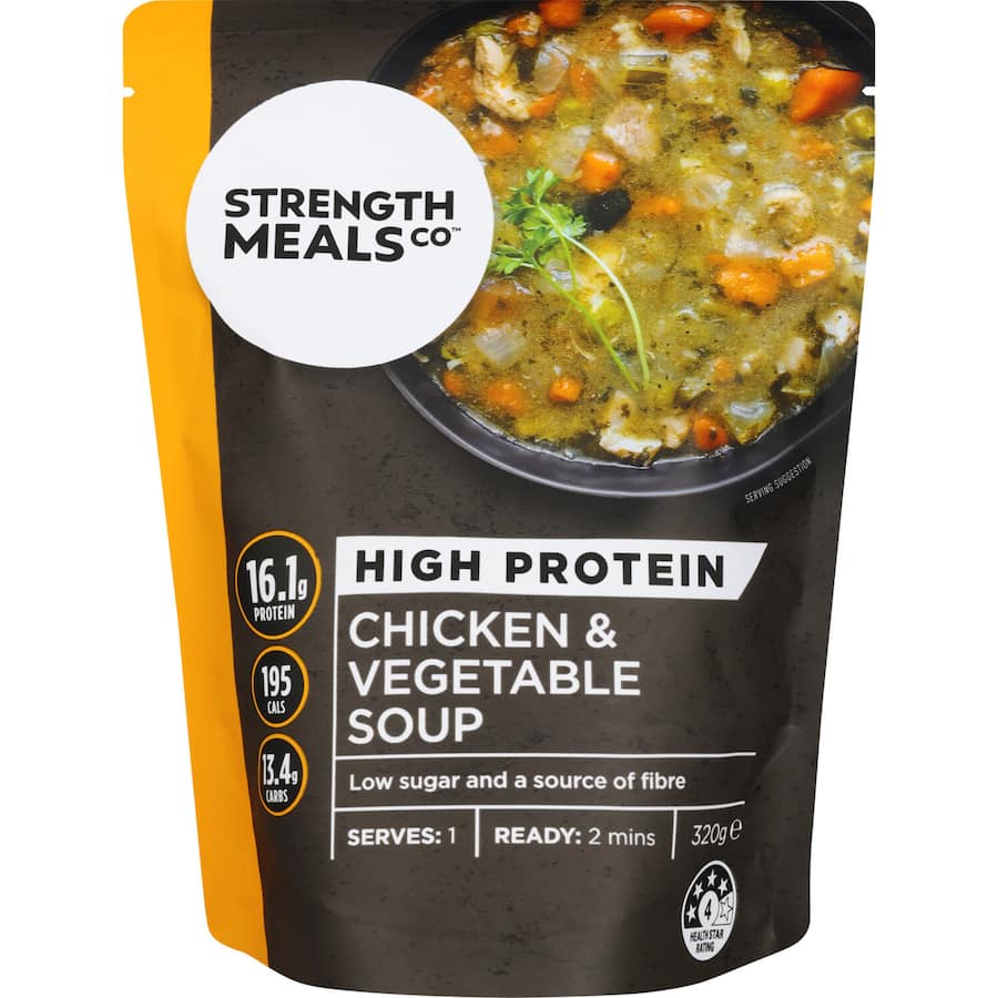 Delicious Chicken & Vegetable Soup in a hearty broth, packed with protein and essential nutrients for a satisfying meal.