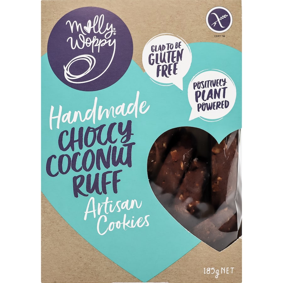 Molly Woppy Gluten Free Cookies Choccy Coconut Ruff, combining rich chocolate and coconut in crunchy, chewy treats.