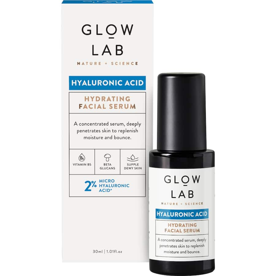 Glow Lab Facial Serum with 2% Micro Hyaluronic Acid for deep hydration and smooth, radiant skin; fragrance-free formula.