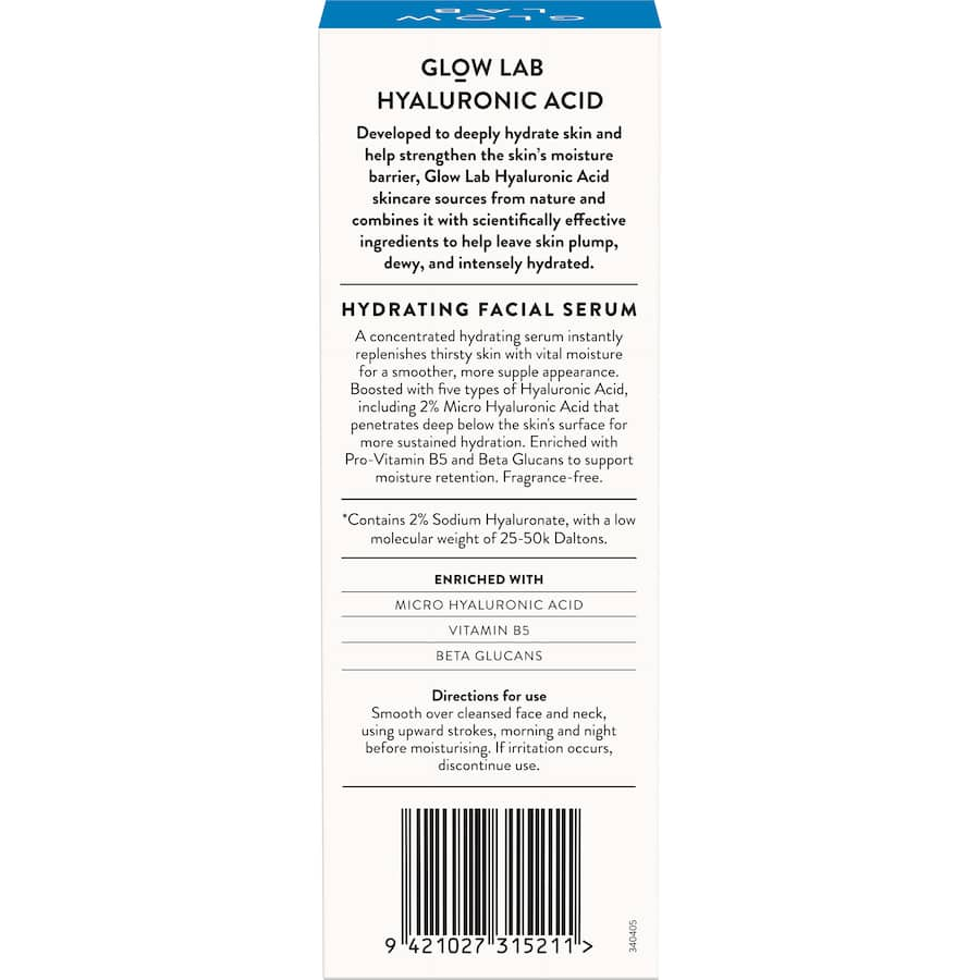 Hydrating facial serum featuring 2% Micro Hyaluronic Acid for radiant, smooth skin; fragrance-free and suitable for all skin types.