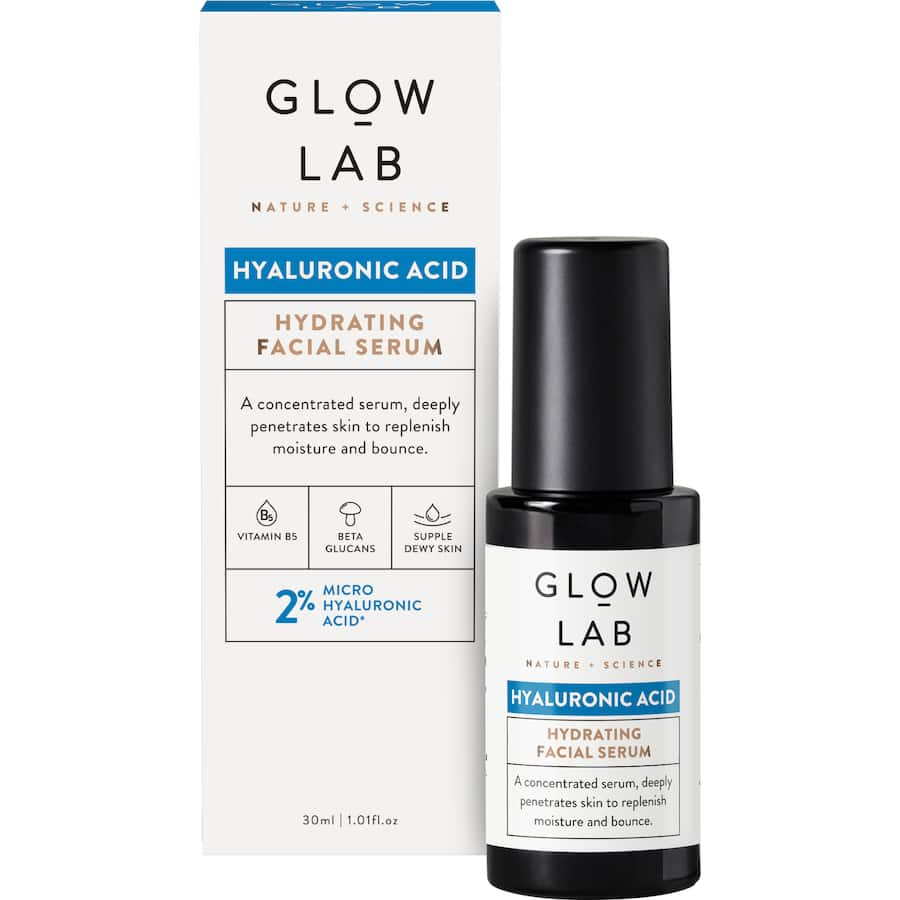 Hydrating Glow Lab Facial Serum with 2% Micro Hyaluronic Acid for smooth, supple skin; fragrance-free and paraben-free.