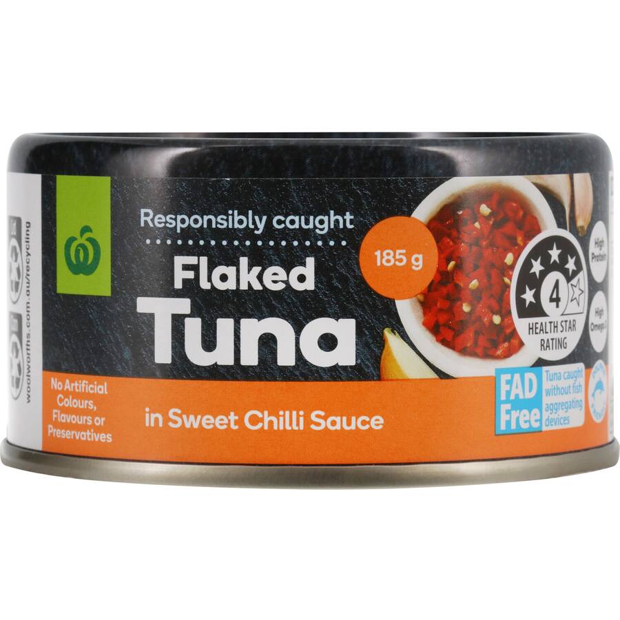 Woolworths Tuna Flaked in Sweet Chilli, a flavorful, omega-3 rich tuna for sandwiches, salads, or quick meals, sustainably caught.