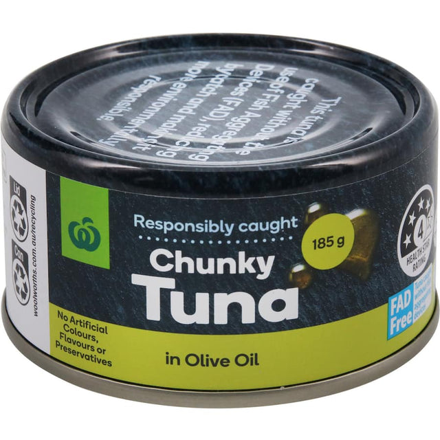 Canned Woolworths Tuna Chunks in Olive Oil, rich in omega-3, perfect for salads and sandwiches, no artificial additives.