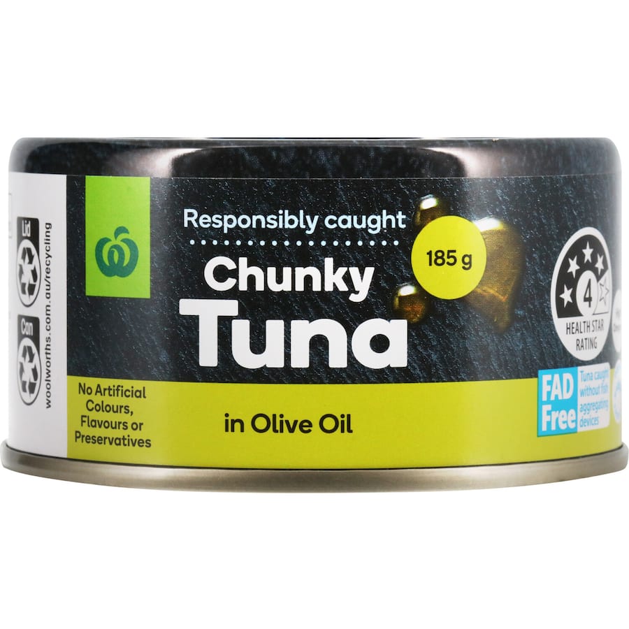 Woolworths Tuna Chunks in Olive Oil: premium, responsibly caught tuna packed in olive oil, rich in omega-3 and free from additives.