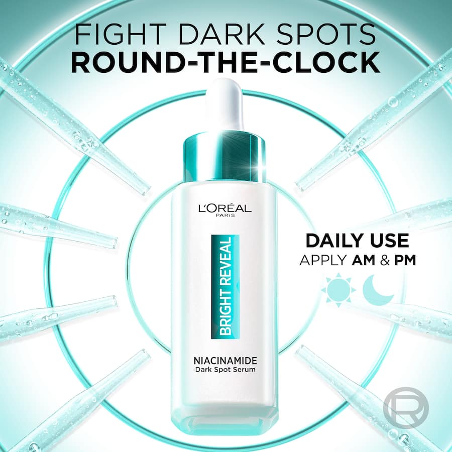 L'Oreal Bright Reveal Dark Spot Serum with Niacinamide targets hyperpigmentation for an even skin tone.