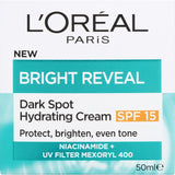 L'Oréal Bright Reveal Dark Spot Hydrating Cream SPF 15, targets dark spots, hydrates, and provides UV protection.