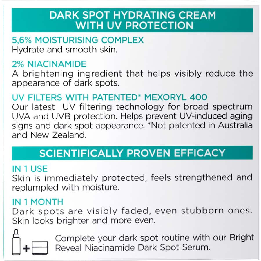 L'Oréal Bright Reveal Dark Spot Cream SPF 15 hydrates and brightens with Niacinamide, targeting dark spots and UV protection.