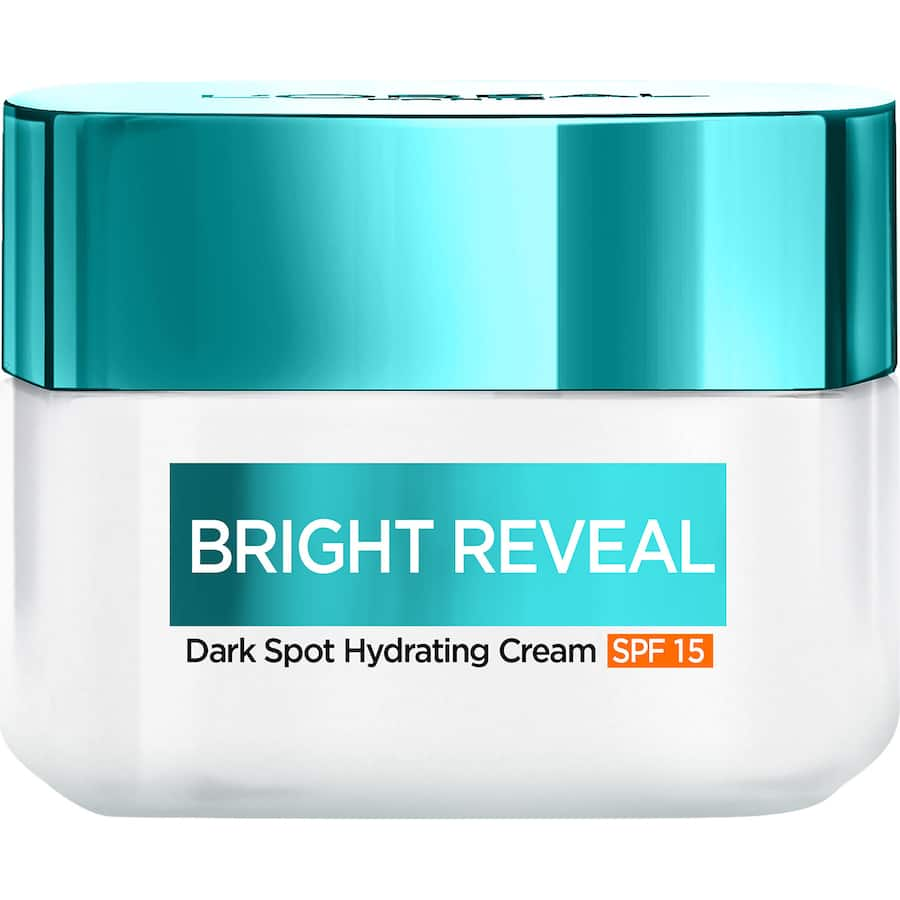 L'Oréal Bright Reveal Dark Spot Cream SPF 15: hydrating cream with Niacinamide for brighter skin tone and UV protection.