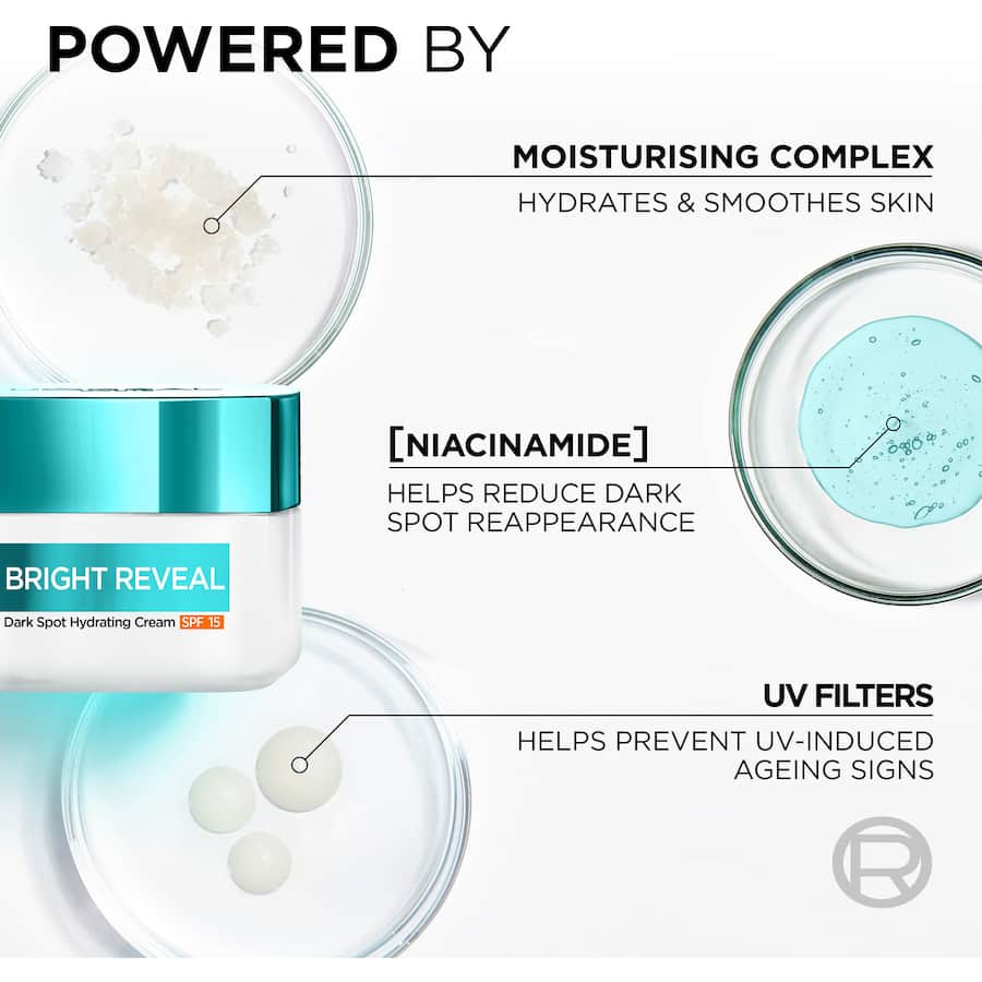 L'Oréal Bright Reveal Dark Spot Hydrating Cream SPF 15, targeting dark spots with Niacinamide and UV protection for radiant skin.