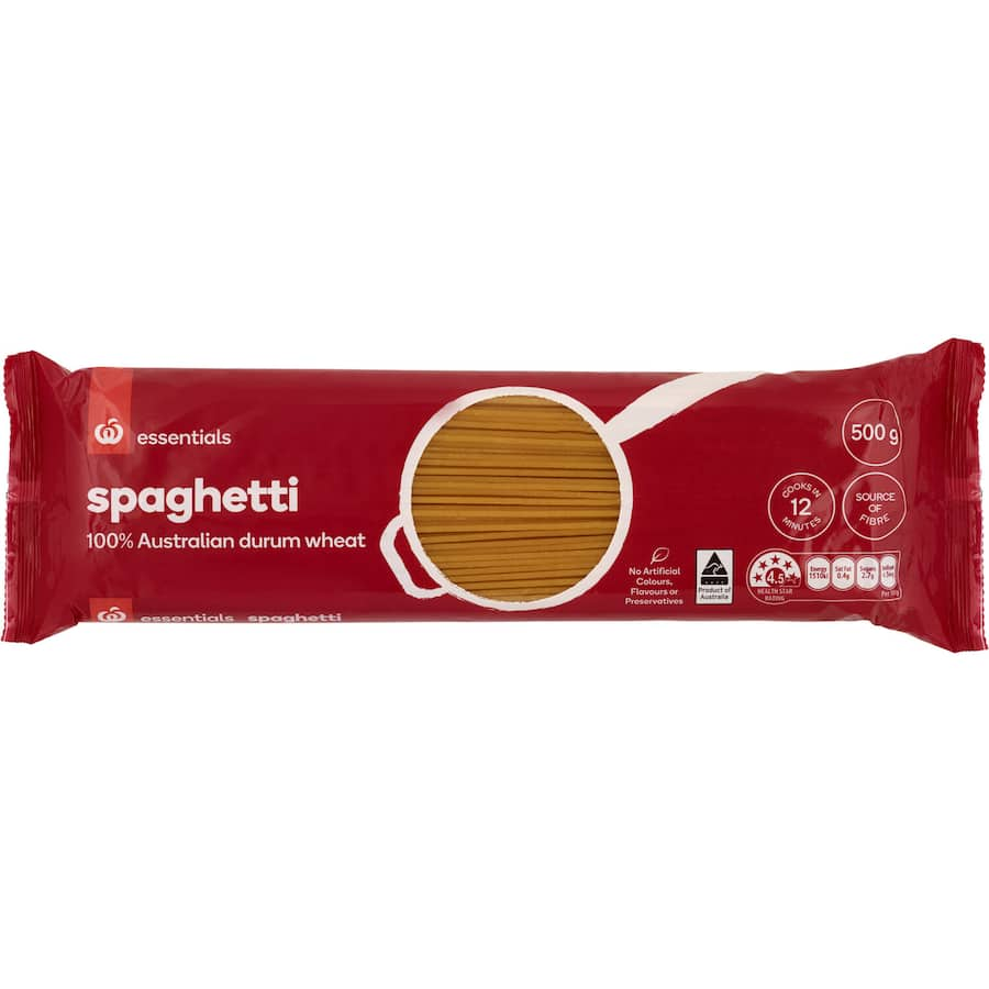 Essentials Pasta Spaghetti 500g, crafted from durum wheat, cooks to al dente perfection in 12 minutes, high in fiber, no preservatives.