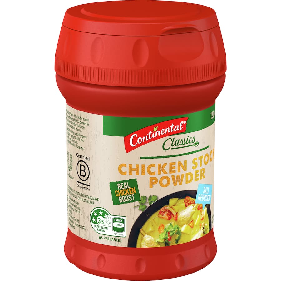 Continental Salt Reduced Chicken Stock Powder with sprinkle lid for easy flavor enhancement in soups, stews, and more.