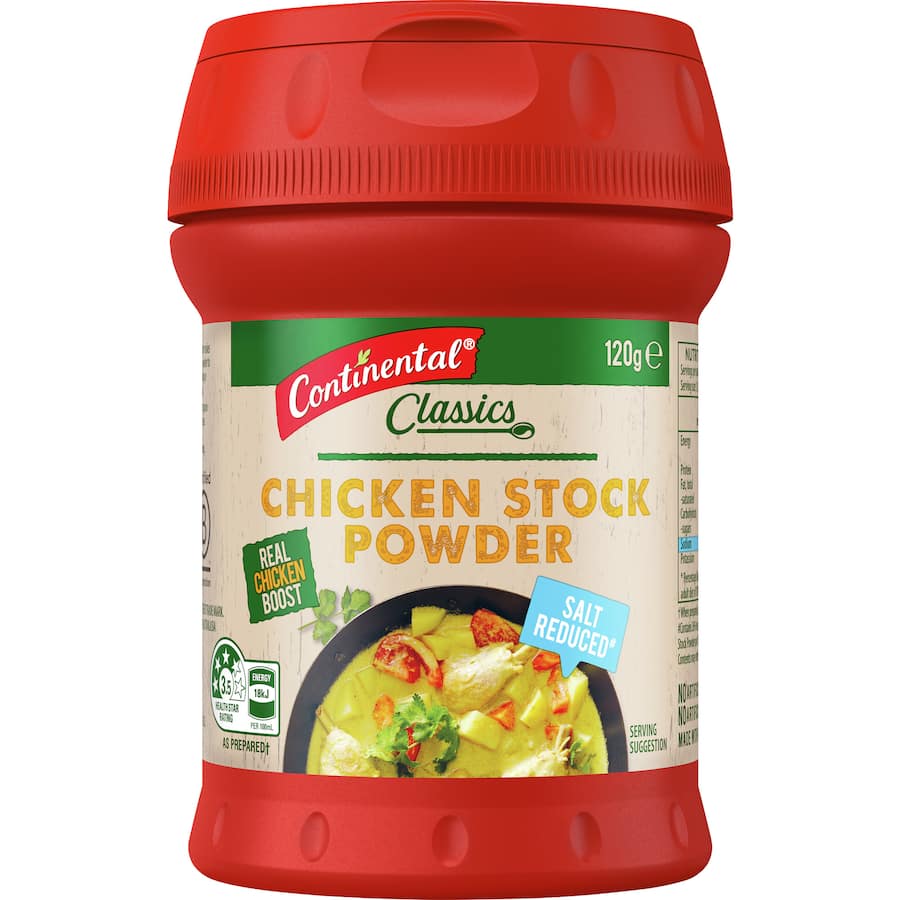 Continental Chicken Stock Powder Salt Reduced, a flavorful, low-sodium blend for soups, stews, and more, with a convenient sprinkle lid.