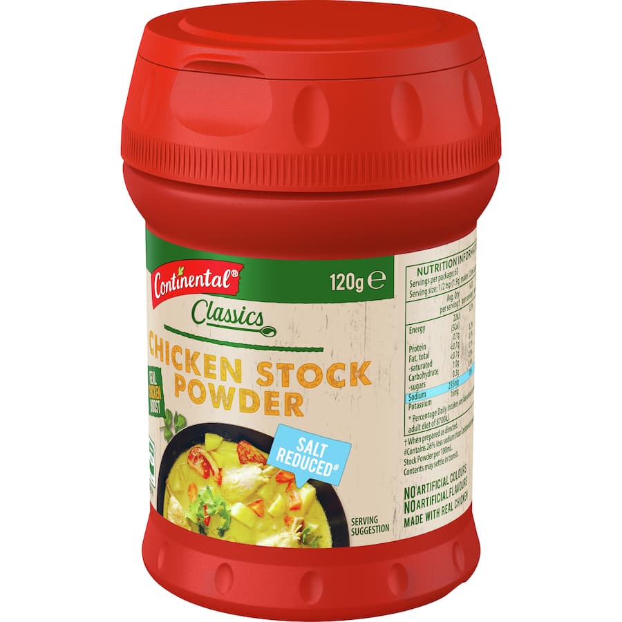 Savory Continental Chicken Stock Powder Salt Reduced in a tub with a sprinkle lid, perfect for enhancing dishes with lower sodium.