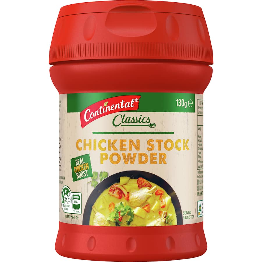 Continental Chicken Stock Powder in a tub with a sprinkle lid, ideal for enriching soups, sauces, and dishes with real chicken flavor.